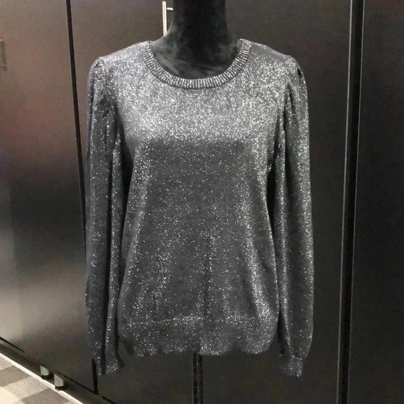 Liz Claiborne Knit Sweater,crew neck,long sleeve,black/silver metallic threading - Picture 1 of 11